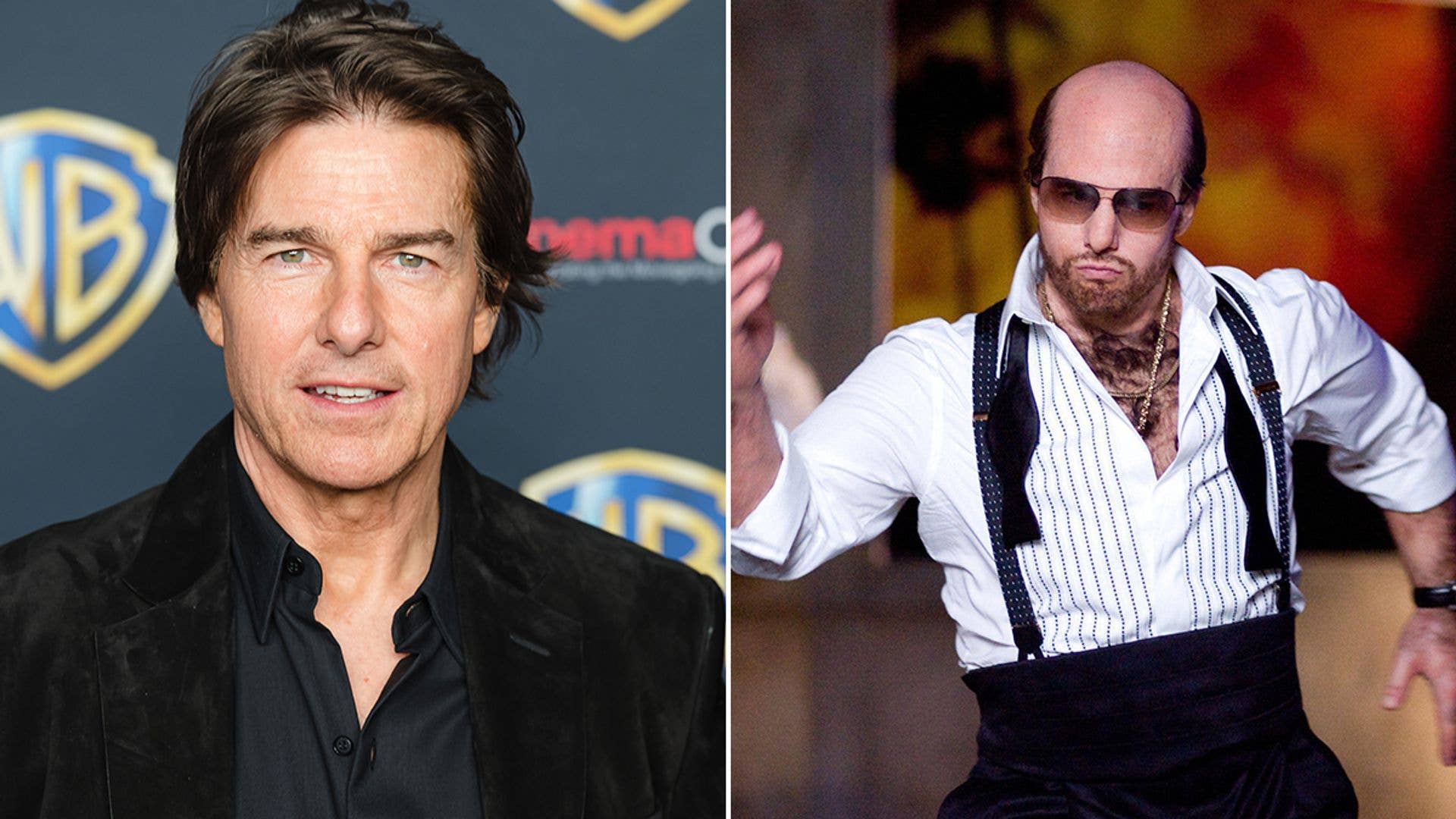 Split image of Tom Cruise at a premiere and in Tropic Thunder