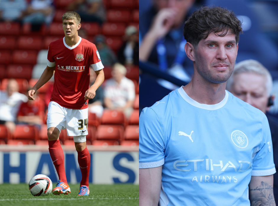 Split image of John Stones. On the left, shown on the pitch in 2012. On the right, in 2026.