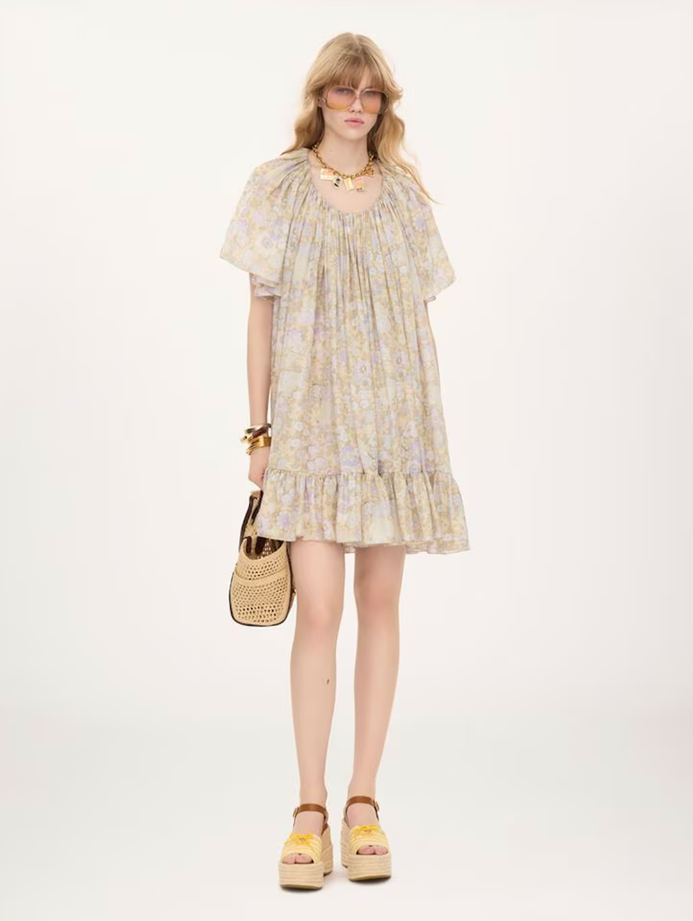 Floral ruffled silk charmeuse minidress
