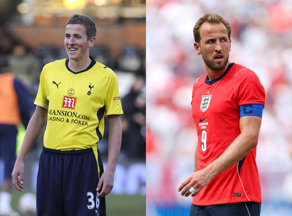 Split image of footballer Harry Kane. On the left, playing for Tottenham Hotspur in 2010. On the right, playing for England in 2026.