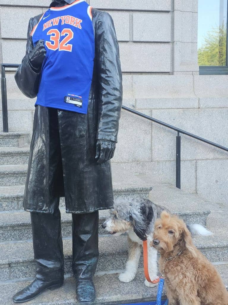 Michael Strahan shares a photo of a statue wearing a New York Knicks jersey with his two dogs, shared on Instagram