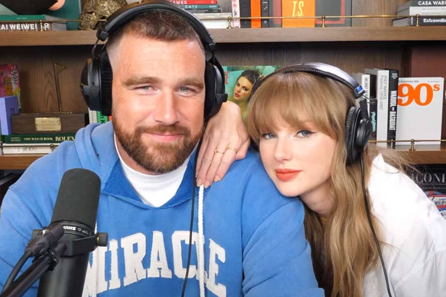 Travis Kelce and Taylor Swift during the recording of New Heights in August 2025