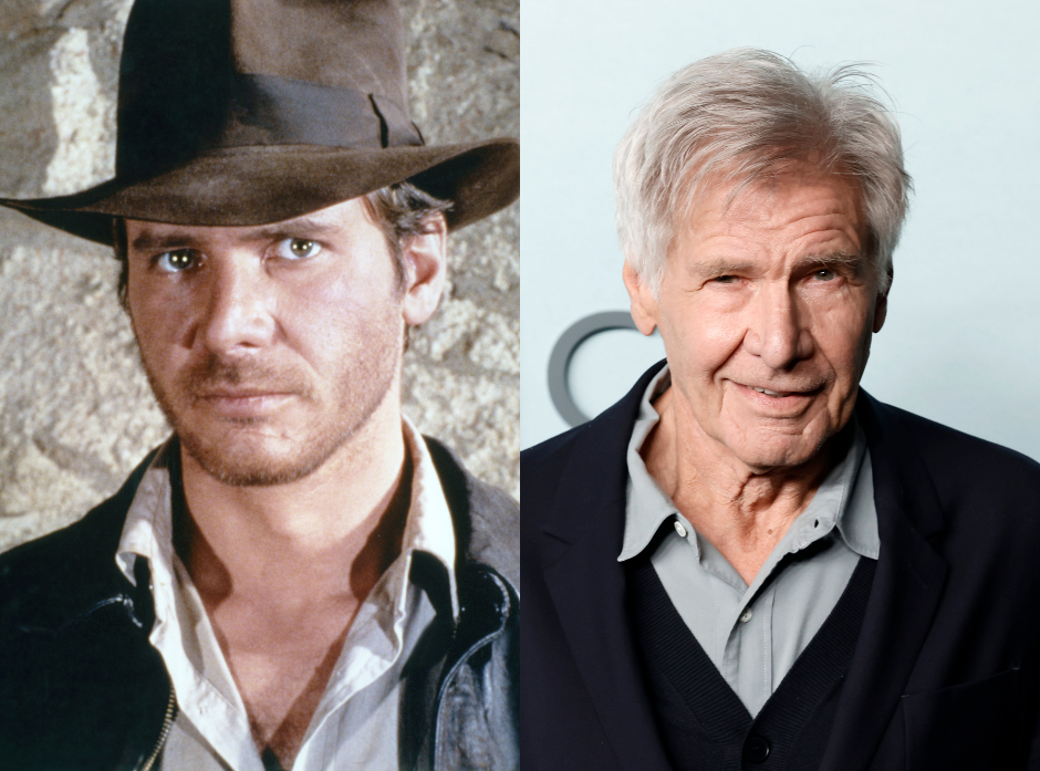 Split image of Harrison Ford. On the left, in Indiana Jones, on the right, in 2023.