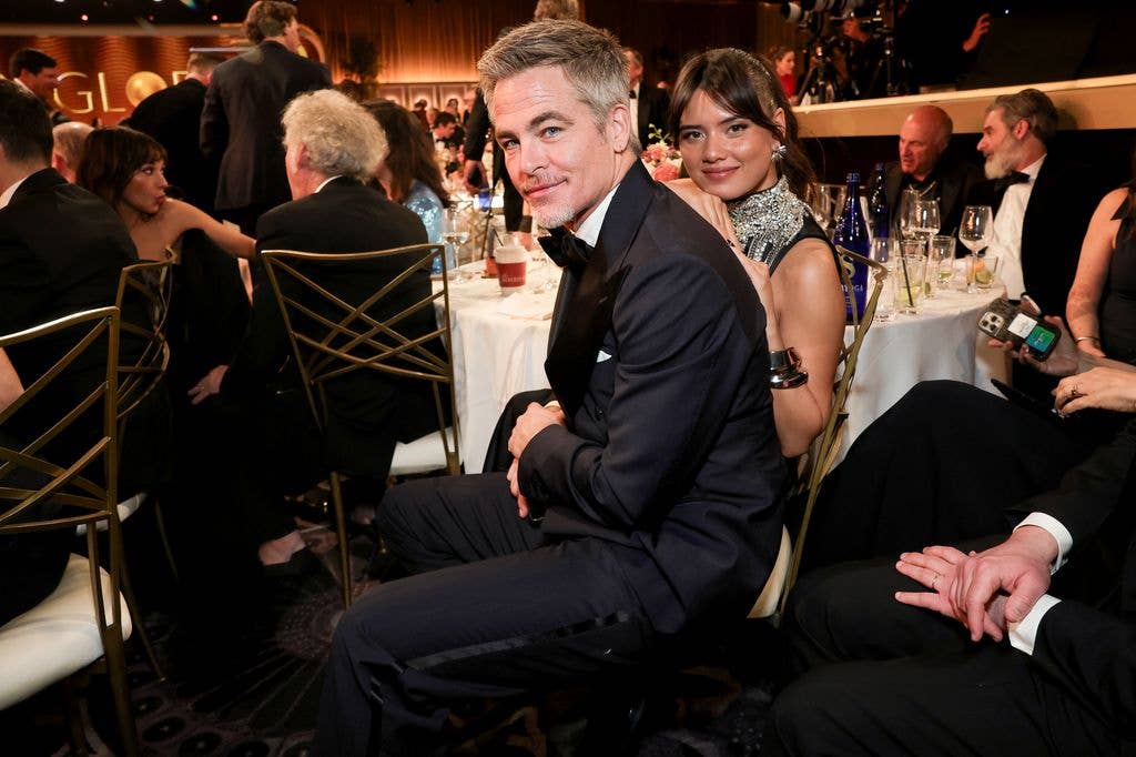 Chris Pine and Keana Sky Wenger attend the 83rd Annual Golden Globe Awards at The Beverly Hilton on January 11, 2026 in Beverly Hills, California.