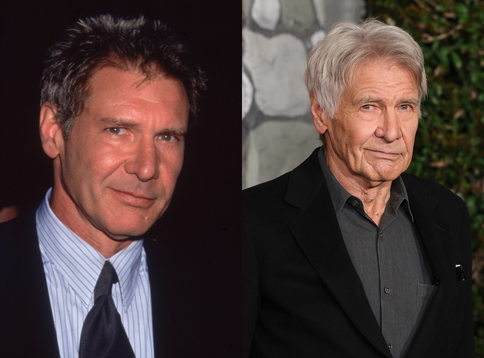 Split image of Harrison Ford, shown in the '90s and in present day.