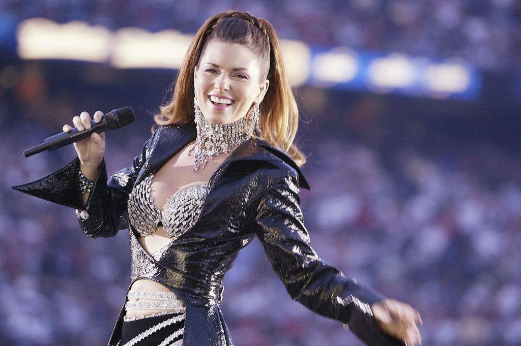Singer Shania Twain performs during halftime of Super Bowl XXXVII between the Tampa Bay Buccaneers and the Oakland Raiders on January 26, 2003 at Qualcomm Stadium in San Diego, California