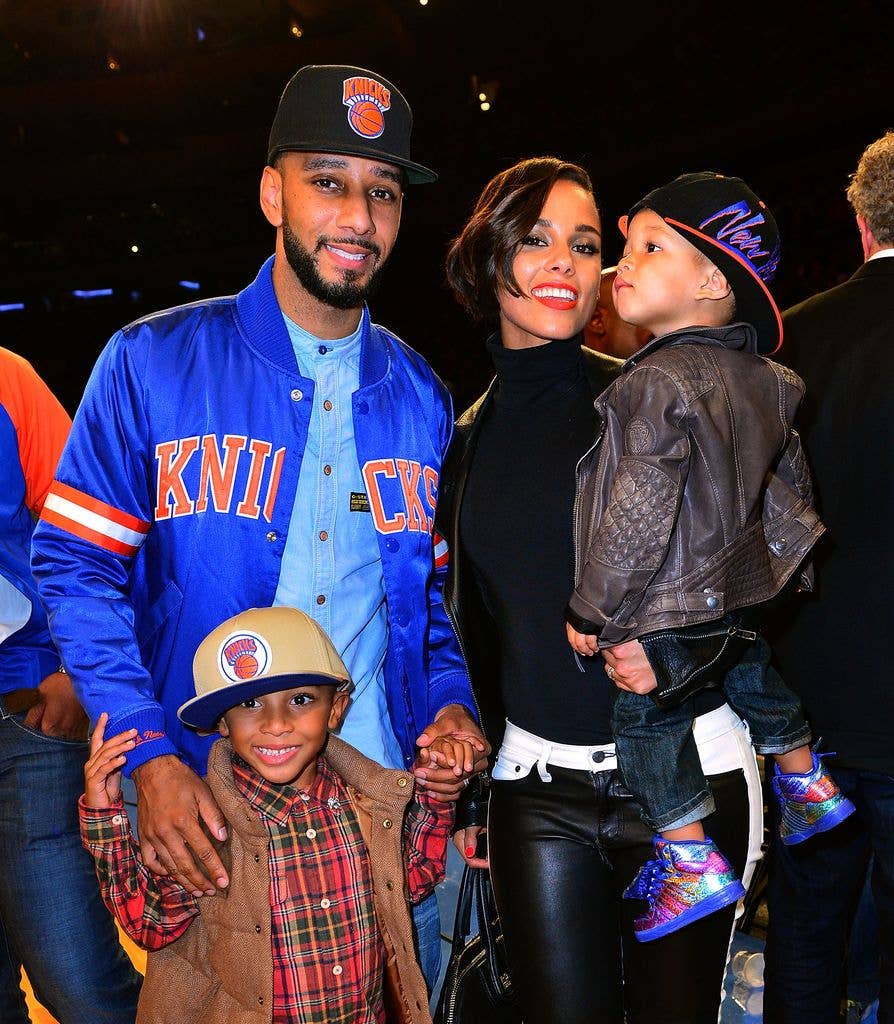 Swizz Beatz, Kasseem David Dean Jr., Alicia Keys and Egypt Dean attend the Miami Heat vs New York Knicks game at Madison Square Garden on November 2, 2012 in New York City