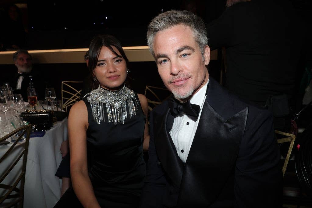 Keana Sky Wenger and Chris Pine at the 83rd Annual Golden Globes held at The Beverly Hilton on January 11, 2026 in Beverly Hills, California.