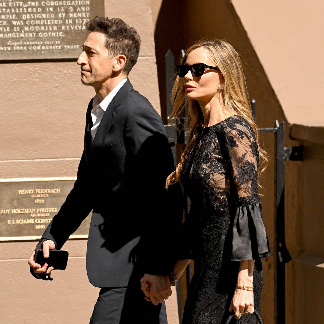 Adrien Brody and Georgina Chapman attend the funeral of Clive Davis on June 29, 2026 in New York City.