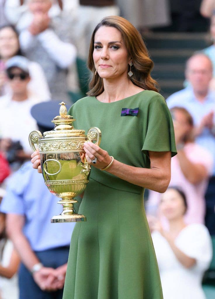 Catherine, Princess of Wales smiles ahead of the trophy presentation as she attends day fourteen of the 2026 Wimbledon Tennis Championships at All England Lawn Tennis and Croquet Club on July 12, 2026 in London