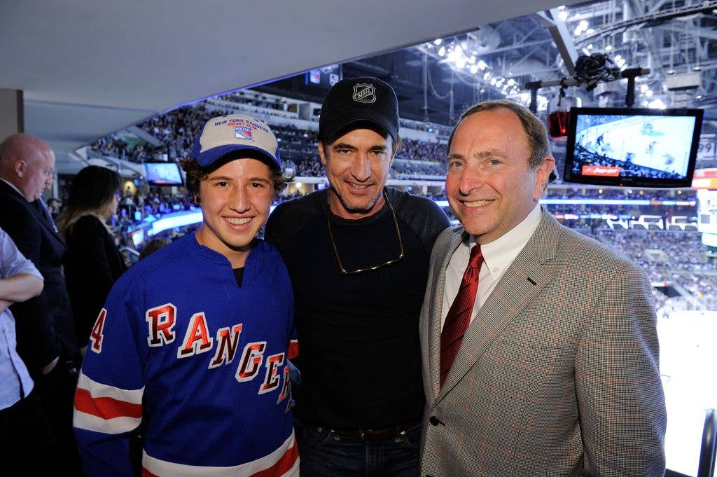 Clyde Mulroney, Dermot Mulroney and Gary Bettman attend a hockey game between the New York Rangers and the Los Angeles Kings in Game Two of the 2014 NHL Stanley Cup Final at the Staples Center on June 7, 2014 in Los Angeles, California. 