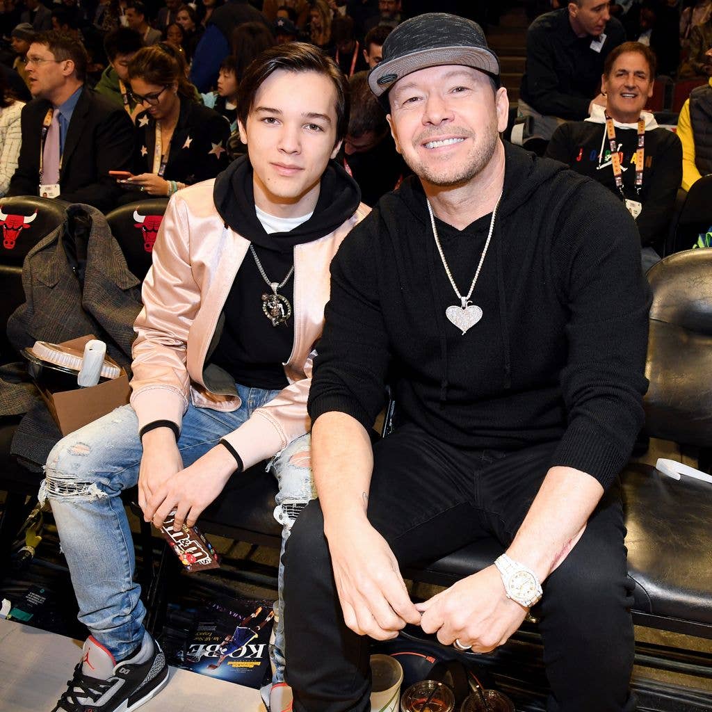Elijah Wahlberg (L) and Donnie Wahlberg attend the 69th NBA All-Star Game at United Center on February 16, 2020 in Chicago, Illinois.