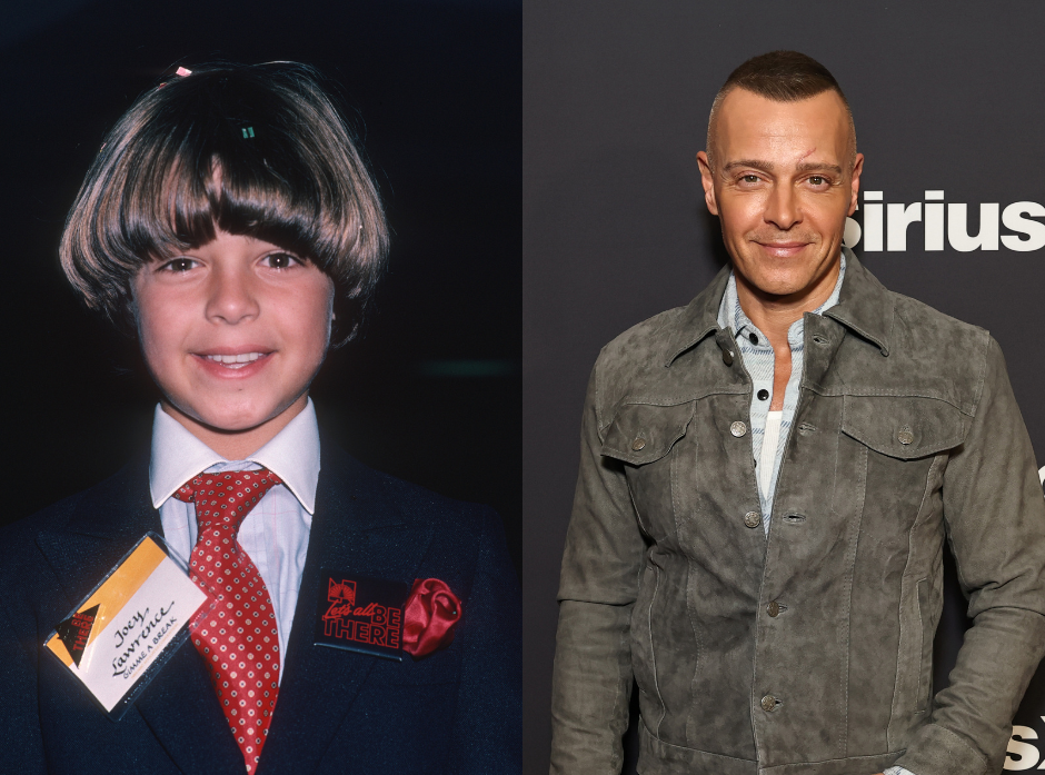 Split image of Joey Lawrence. Shown on the left as a child in a suit and tie. On the right in 2025 wearing a sueded jacket,blue shirt and white undershirt.