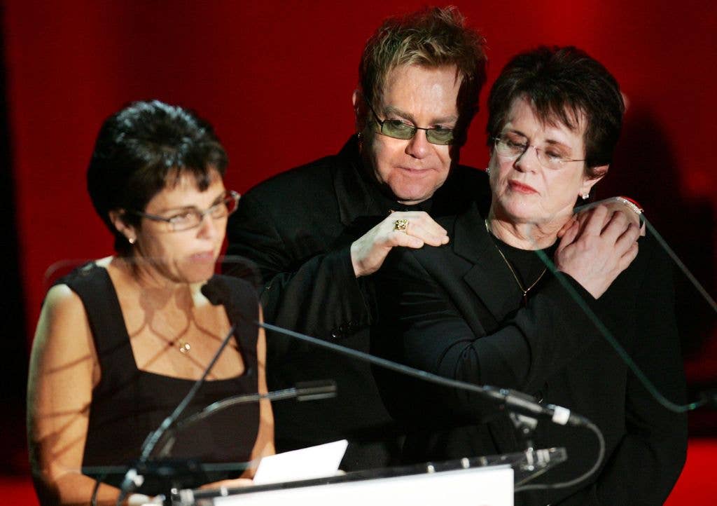 NEW YORK - OCTOBER 03:  Musician Elton John and Billie Jean King (R) listen to honoree Ilana Kloss speak on stage at "An Enduring Vision" the fifth annual benefit for The Elton John AIDS Foundation at The Waldorf-Astoria October 3, 2006 in New York City. 
