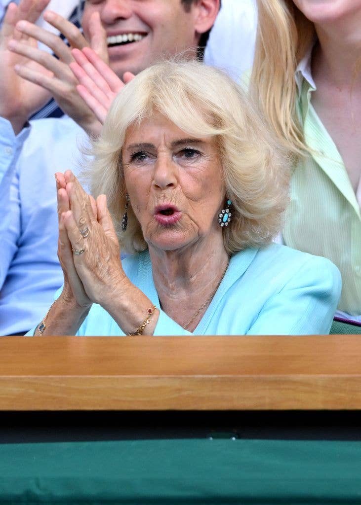 A close-up  photo of Queen Camilla in the royal box in wimbledon