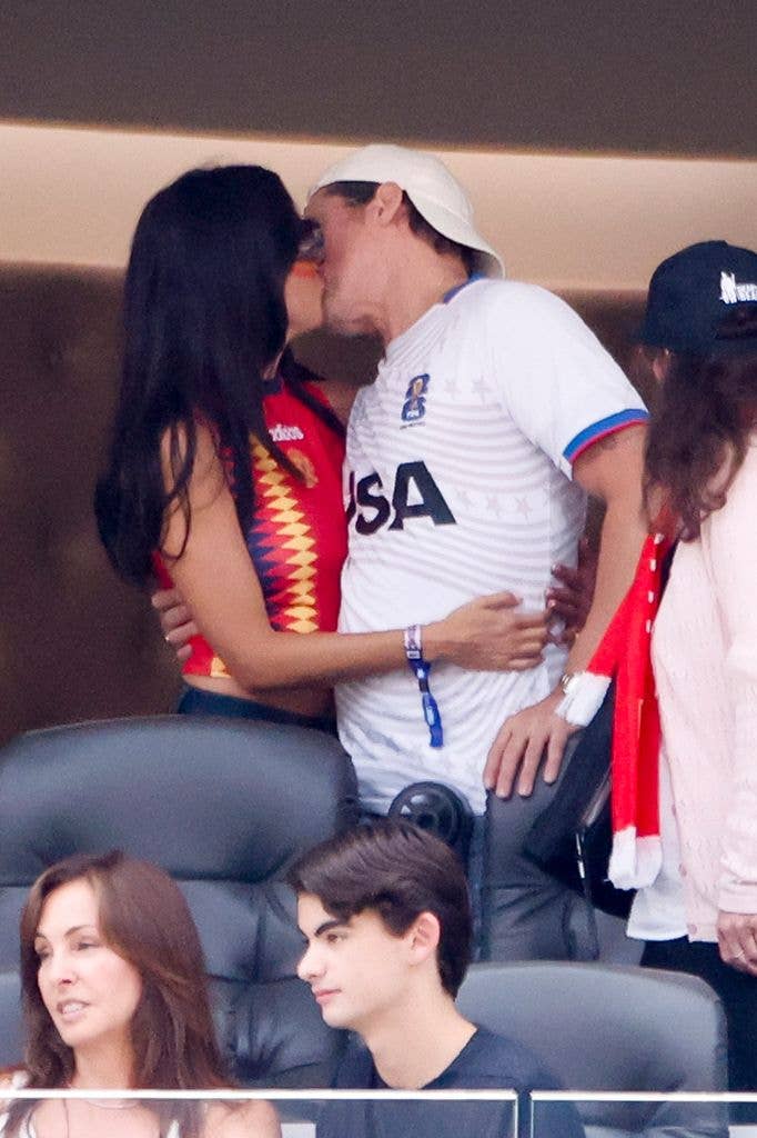 Ines de Ramon and Brad Pitt kissing during the FIFA World Cup 2026 Quarter Final football match between Spain and Belgium at Los Angeles Stadium on July 10, 2026 in Inglewood near Los Angeles, California.
