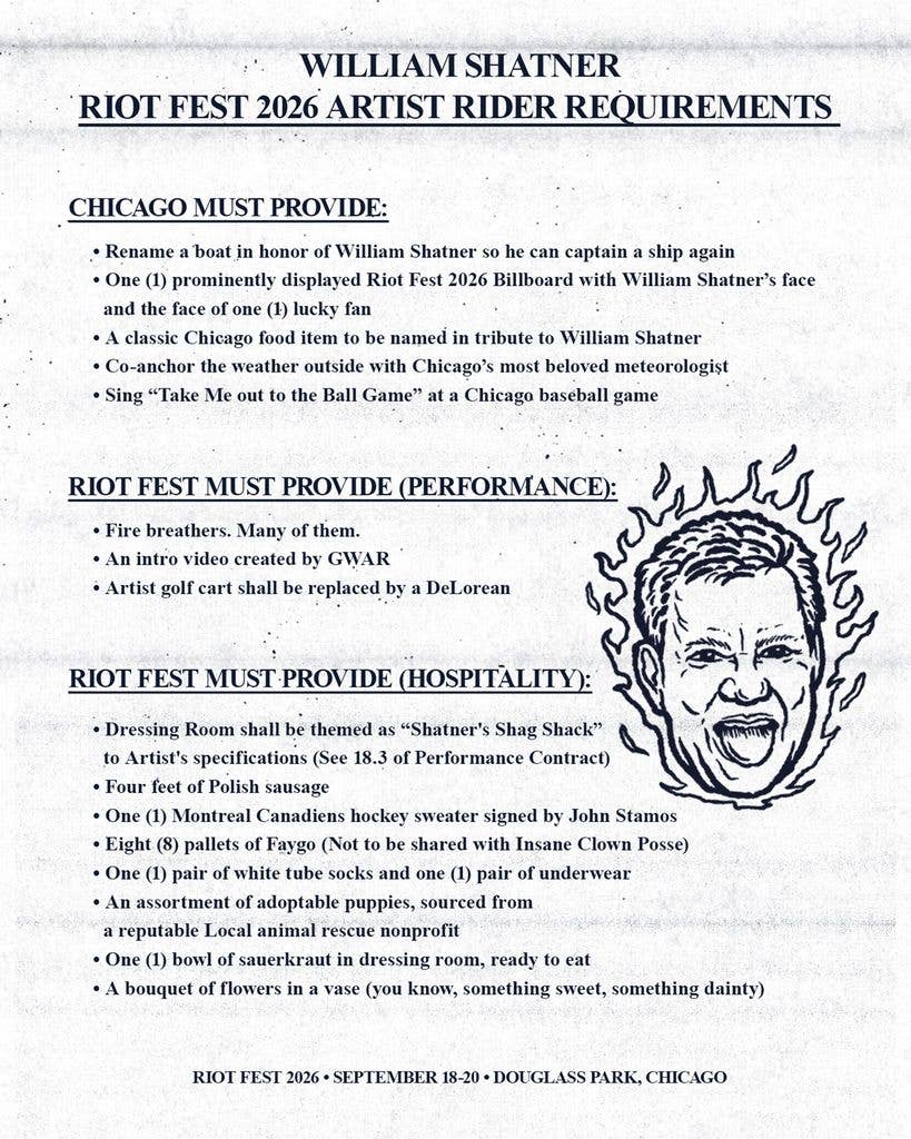 William's hilarious rider requirements