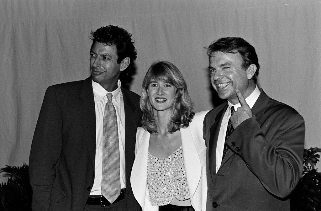 Jeff Goldblum, Laura Dern, and Sam Neill attend an event at the Uptown Theater in Washington, D.C., on June 9, 1993