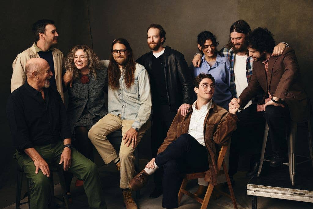 Corbin Bernsen, Henry Bernsen, Jessy Morner-Ritt, Oliver Bernsen, Peter Falls, A.J. Calabrese, Zoe Rosenberg, Angus Bernsen and Nick Nazmi of "Bagworm" pose for a portrait during the Getty Images Portrait Studio presented by IMDb and IMDbPro at SXSW 2026 on March 16, 2026 in Austin, Texas