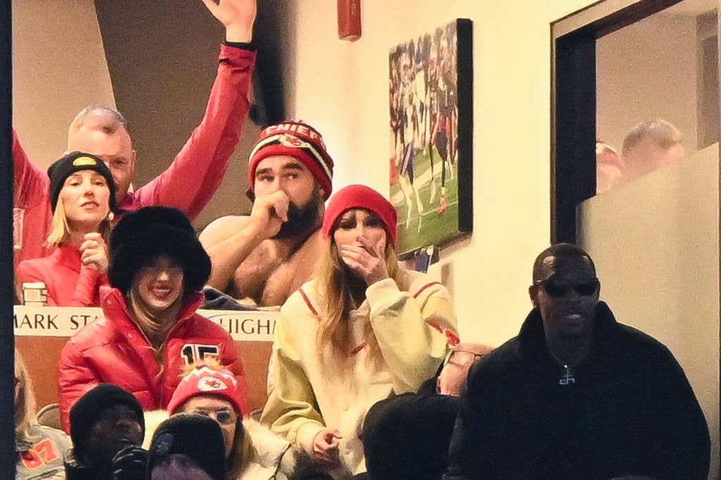 ORCHARD PARK, NY - JANUARY 21: Brittany Mahomes, Jason Kelce, and Taylor Swift react during the second half of the AFC Divisional Playoff game between the Kansas City Chiefs and the Buffalo Bills at Highmark Stadium on January 21, 2024 in Orchard Park, New York. (Photo by Kathryn Riley/Getty Images)