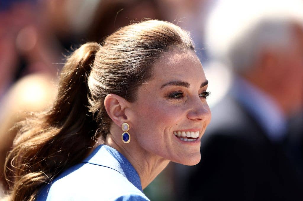 Catherine, Princess of Wales looks on as she attends on day four of The Championships Wimbledon 2026 with her hair in a pretty ponytail