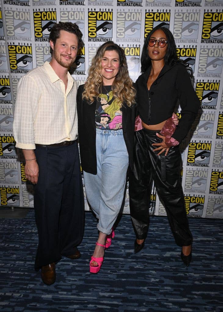 Noah Reid, Kat Sandler and Clark Backo at the "Yaga" press line at the 2026 Comic-Con International