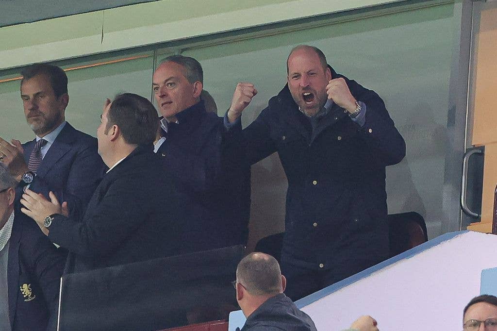 William, Prince of Wales celebrates Aston Villa's second goal during the UEFA Europa League 2025/26 Semi-Final Second Leg match between Aston Villa FC and Nottingham Forest FC at Villa Park on May 07, 2026 in Birmingham, England