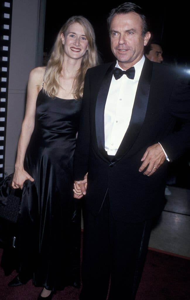 Laura Dern and actor Sam Neill attending 23rd Annual American Film Institute Lifetime Achievement Awards Honoring Steven Spielberg on March 2, 1995 at the Beverly Hilton Hotel in Beverly Hills, California