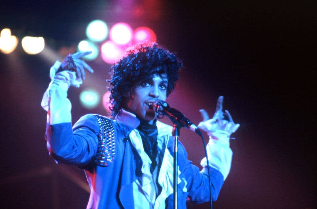 American singer Prince (1958-2016) performs onstage during the 1984 Purple Rain Tour on November 4, 1984, at the Joe Louis Arena in Detroit, Michigan. 
