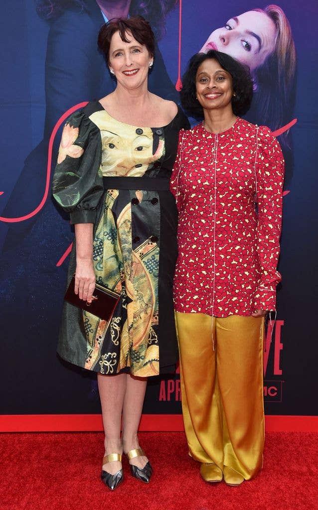 Irish actress Fiona Shaw and her wife Sonali Deraniyagala arrive for BBC America and AMC's "Killing Eve" season 2 premiere at the Arclight on April 1, 2019 in Hollywood.
