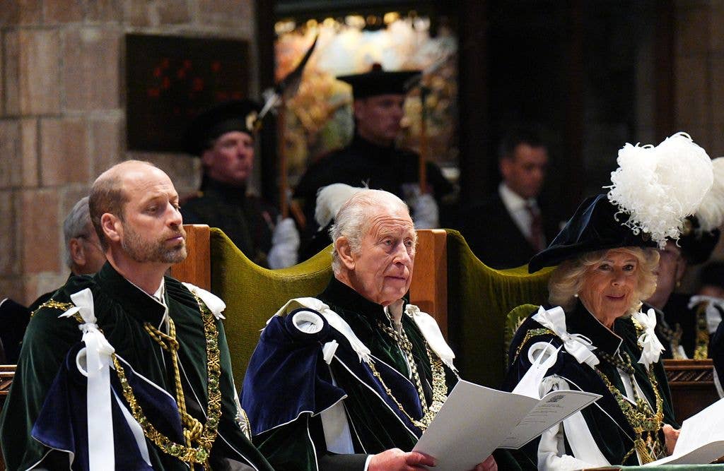 Prince William, King Charles III and Queen Camilla in ceremonial robes at the Thistle Service at St Giles' Cathedral