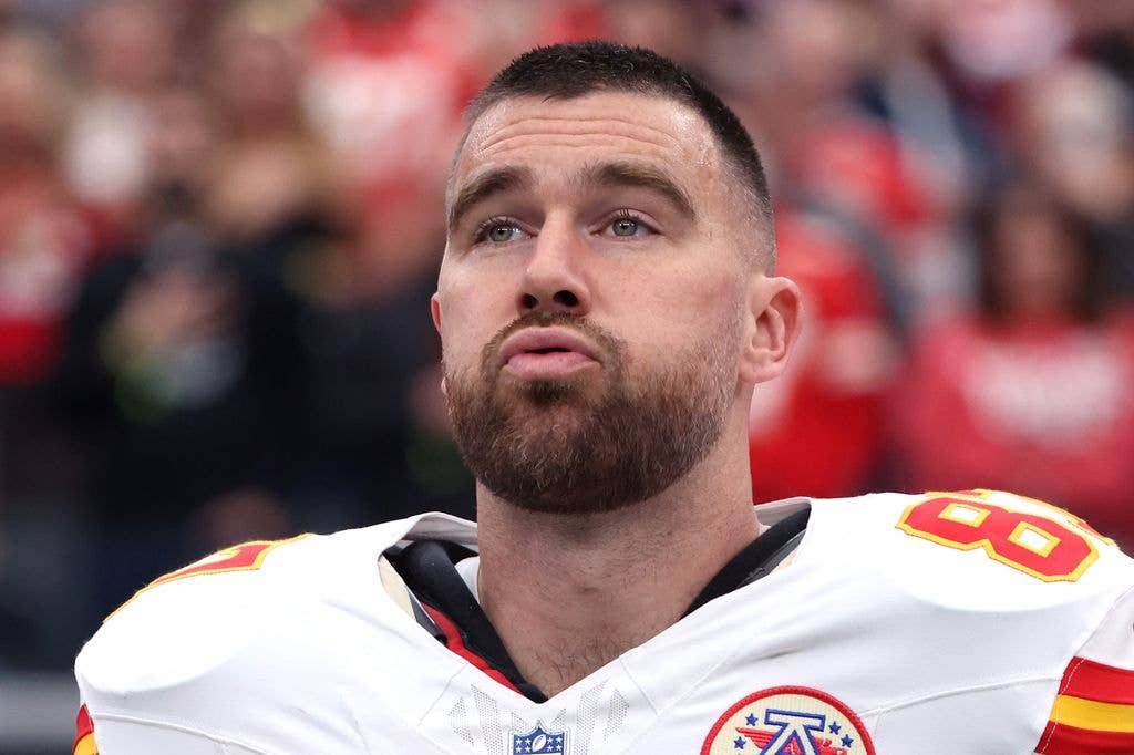 Travis Kelce #87 of the Kansas City Chiefs looks on during the National Anthem prior to the game against the Las Vegas Raiders at Allegiant Stadium on January 04, 2026 in Las Vegas, Nevada