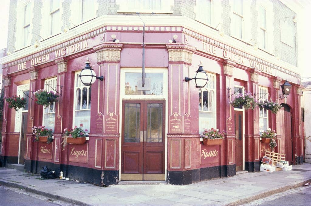 The Queen Victoria, a fictional public house from the television soap opera 'Eastenders', circa 1995. It is located at the BBC Elstree Centre in Hertfordshire. (Photo by Tim Roney/Getty Images)