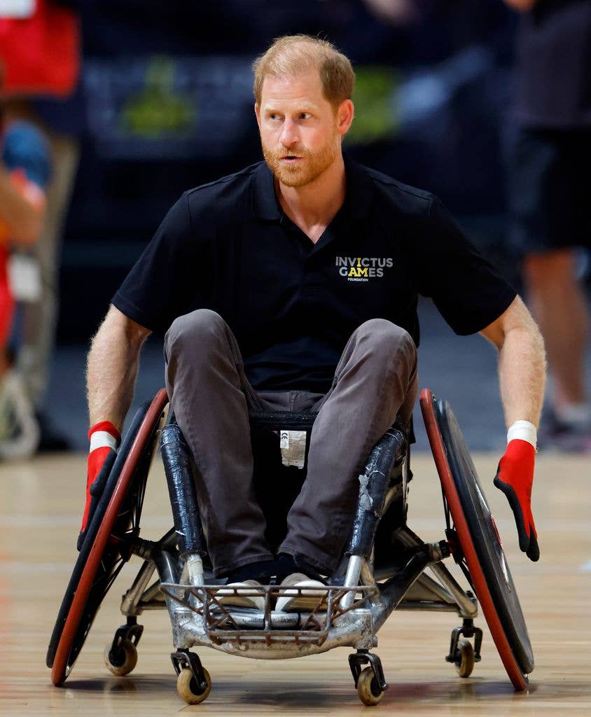 Prince Harry, Duke of Sussex plays in a wheelchair rugby exhibition match during the Invictus 1 Year To Go event at the National Exhibition Centre