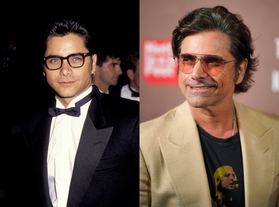 Split image of John Stamos. On the left, seen in a suit and glasses in 1991. On the right, in a beige suit jacket over a tshirt in 2026.