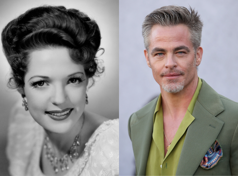 Split image of Chris Pine and his grandmother Anne Gwynne. 