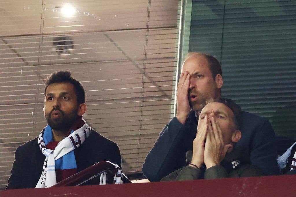 William, Prince of Wales reacts as he watchesg the UEFA Champions League 2024/25 Quarter Final Second Leg match between Aston Villa FC and Paris Saint-Germain at Villa Park on April 15, 2025 in Birmingham, England. 