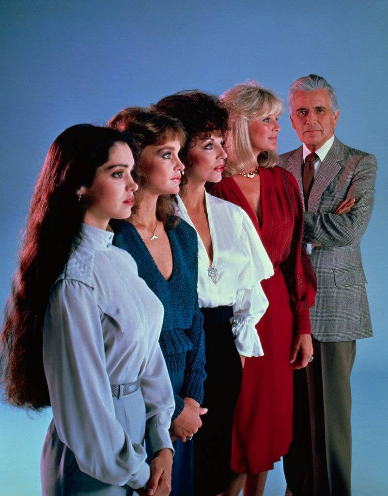 (Original Caption) Beauty, wealth and power are the driving forces of the oil-rich and dynamic Blake Carrington in the ABC Television Network's explosive serialized drama, Dynasty, which returns to the Network for its third season premier this fall. Dynasty, which airs Wednesdays (10:00-11:00) p.m., EDT) stars (left to right): Kathleen Beller, Pamela Sue Martin, Joan Collins, Linda Evans, and John Forsythe as Blake Carrington.
