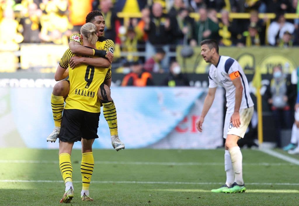 Jude Bellingham celebrates with Erling Haaland