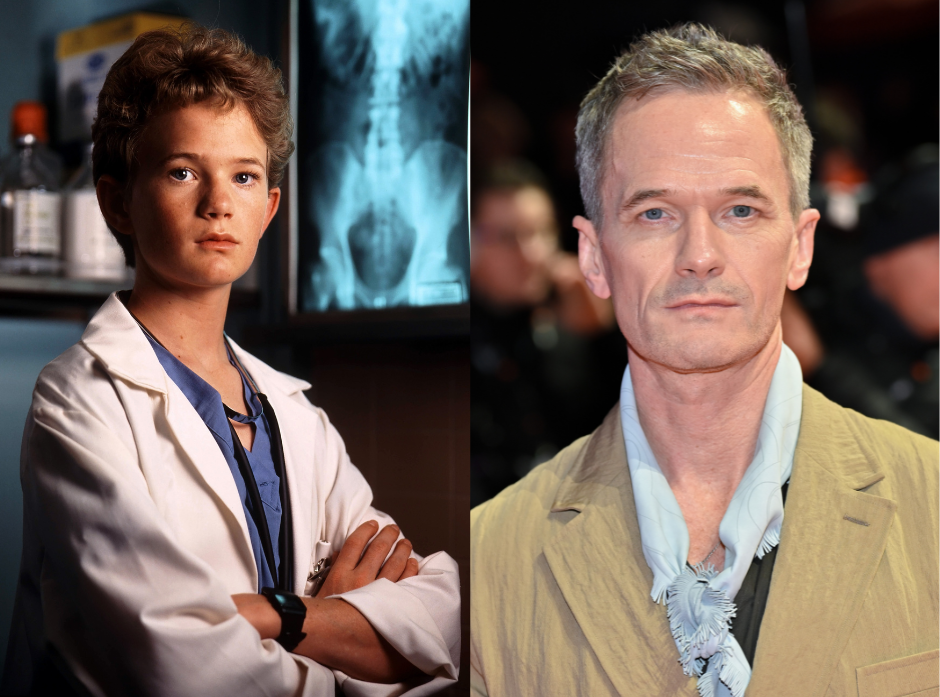 Split image of Neil Patrick Harris. Shown on the left in around 1989 as Doogie Howser and on the right in 2026 wearing a beige suit jacket and pale blue scarf.