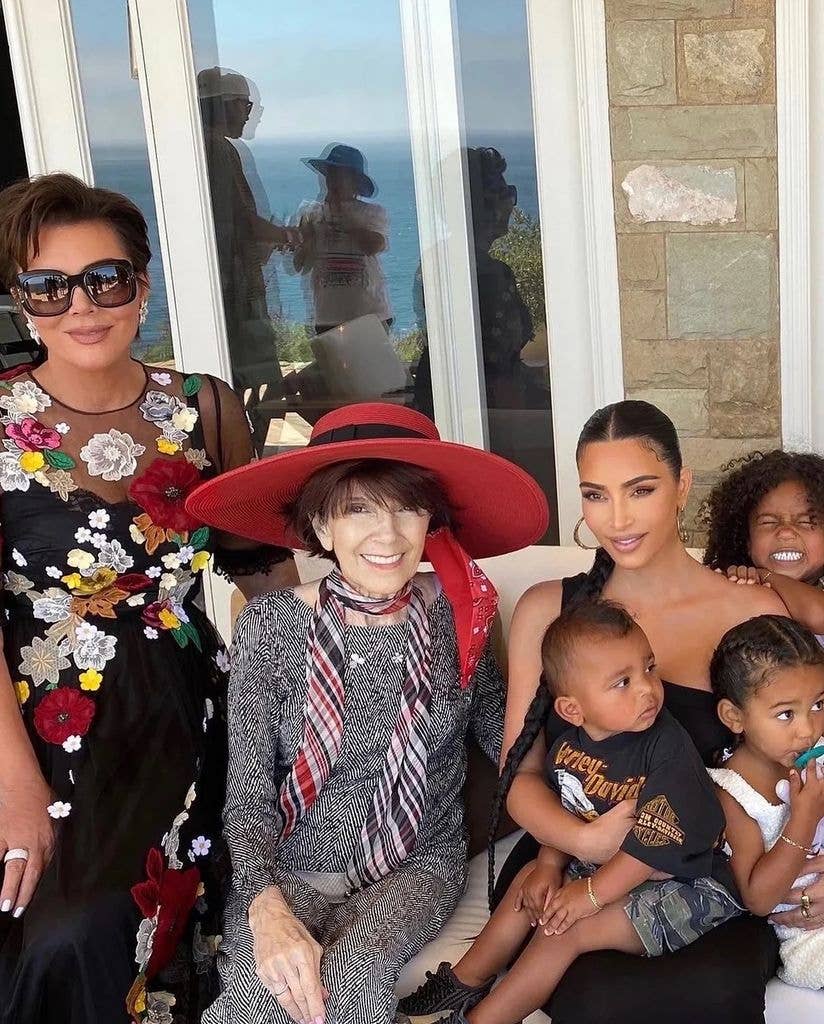 Mary Jo "MJ" Shannon poses for a photo at a beach party with her daughter Kris Jenner, her granddaughter Kim Kardashian and the latter's kids, shared on Instagram