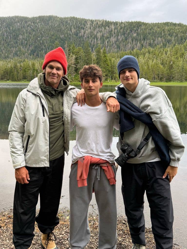 Tom Brady poses for a photo with his two sons while vacationing in Alaska in July 2026, shared on Instagram