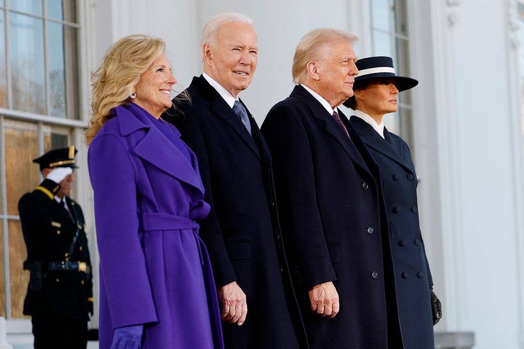 First lady Jill Biden, U.S. President Joe Biden, U.S. President-elect Donald Trump and Melania Trump stand together ahead of hisInauguration, at the White House on January 20, 2025 in Washington, DC. Donald Trump takes office for his second term as the 47th president of the United States. (Photo by Anna Moneymaker/Getty Images)