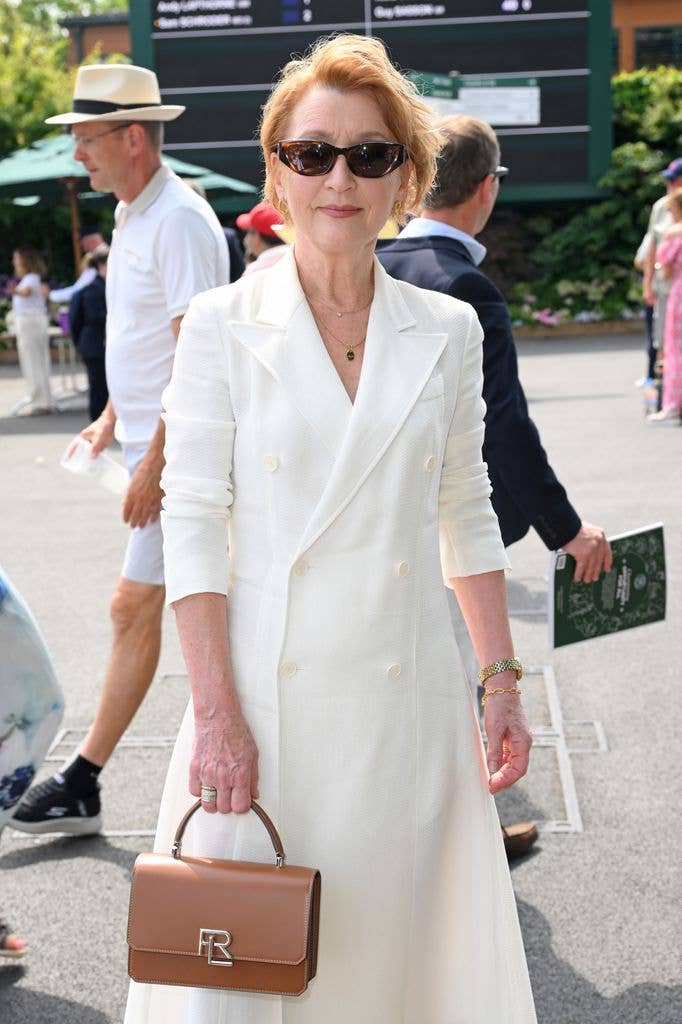 Geraldine James in a white dress