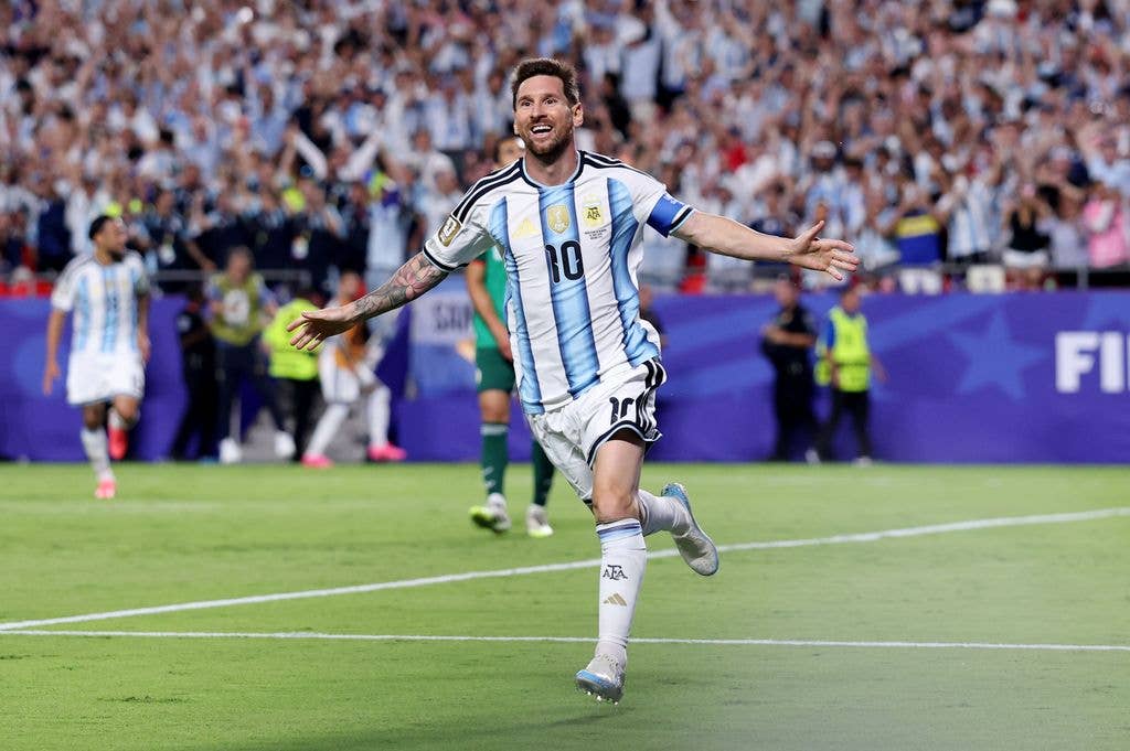 Lionel Messi #10 of Argentina celebrates scoring his team's second goal during a 2026 match