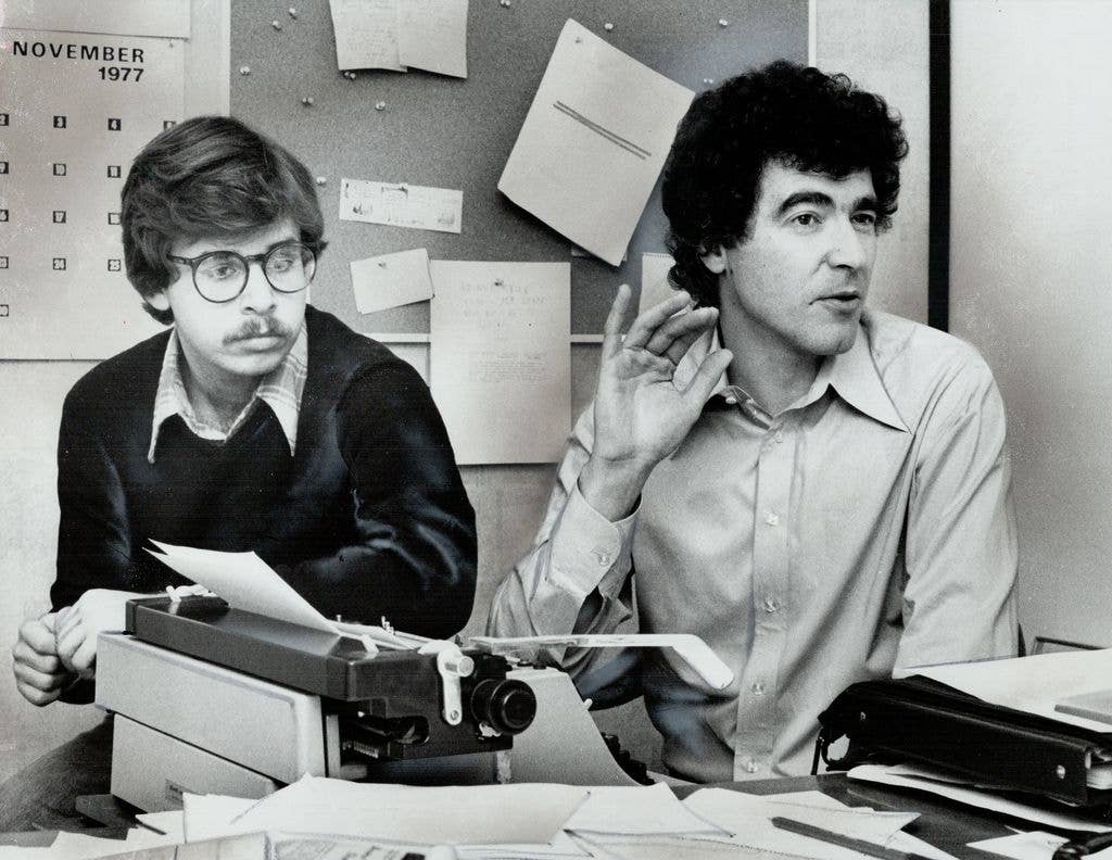 Rick Moranis (left) and Ken Finkleman; at work on the script of a pilot show for a TV comedy series; have been appearing regularly on CBC-TV's 90 Minutes Live. Most of their spots have been quiet little gems.