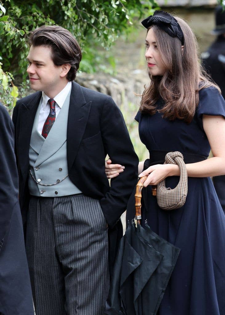 Samuel Chatto and Eleanor Ekserdjian arrive for the Royal wedding of Peter Phillips and Harriet Sperling at All Saints' Church 