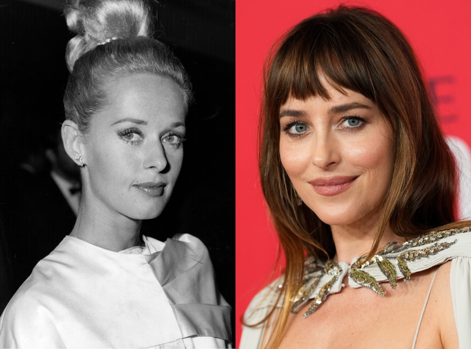 Split image of Tippi Hedren and her granddaughter Dakota Johnson.