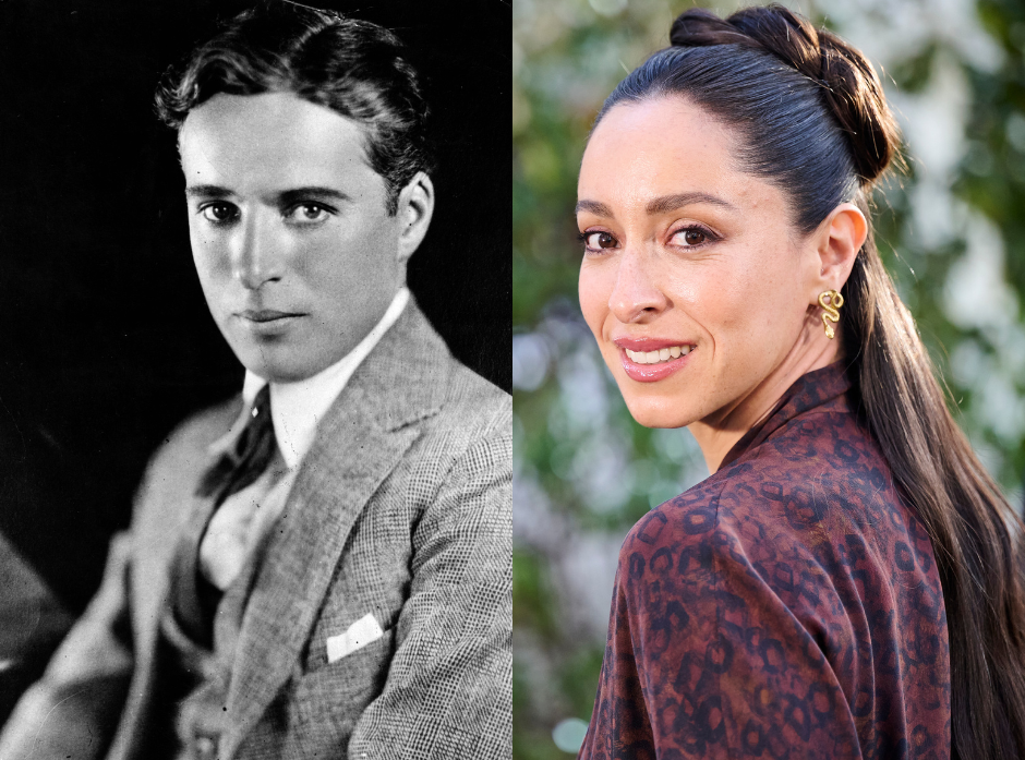 Split image of Charlie Chaplin and his granddaughter Oona.