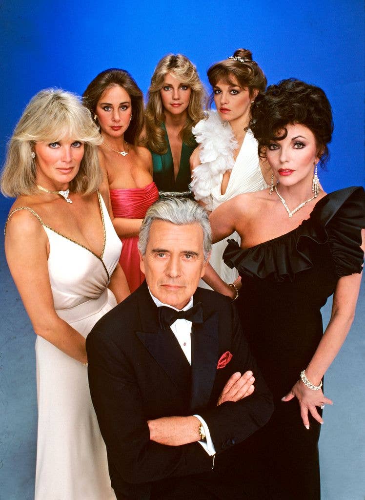 John Forsythe (Blake) and the "Dynasty" women, from left: Linda Evans (Krystle), Pamela Bellwood (Claudia), Heather Locklear (Sammy Jo), Pamela Sue Martin (Fallon) and Joan Collins (Alexis).